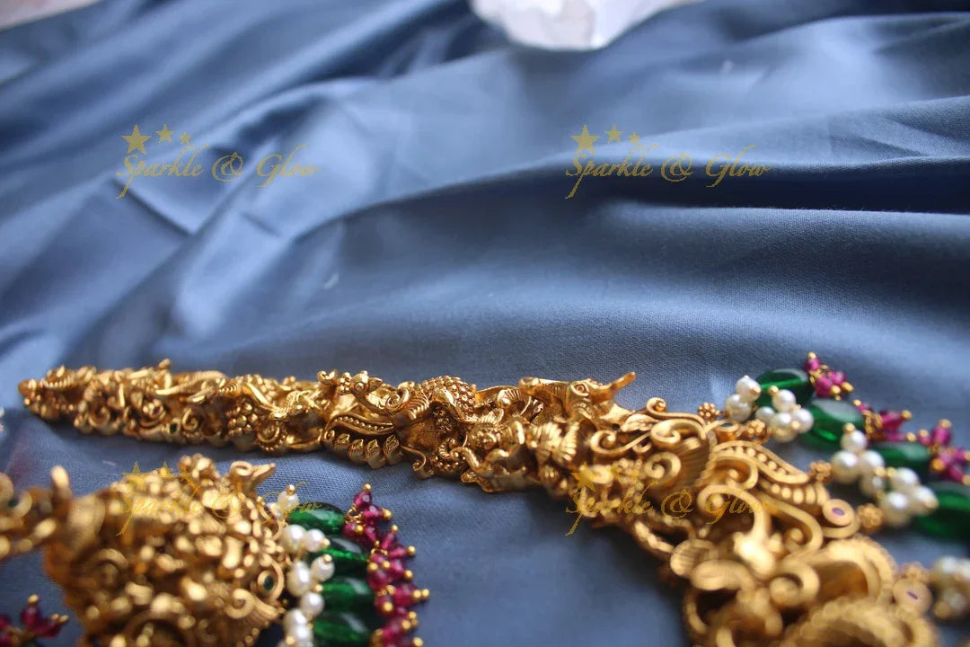 Exclusive Intricately 3 dimensional carved Lakshmi Haram - Sparkle and Glow