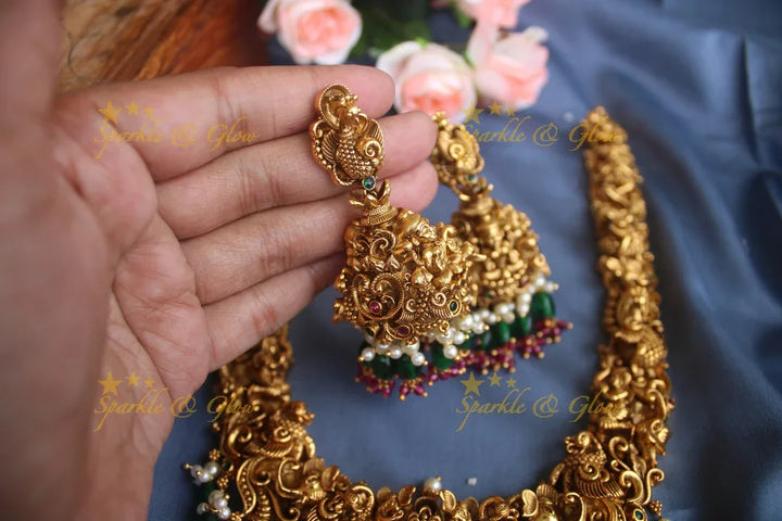 Exclusive Intricately 3 dimensional carved Lakshmi Haram - Sparkle and Glow