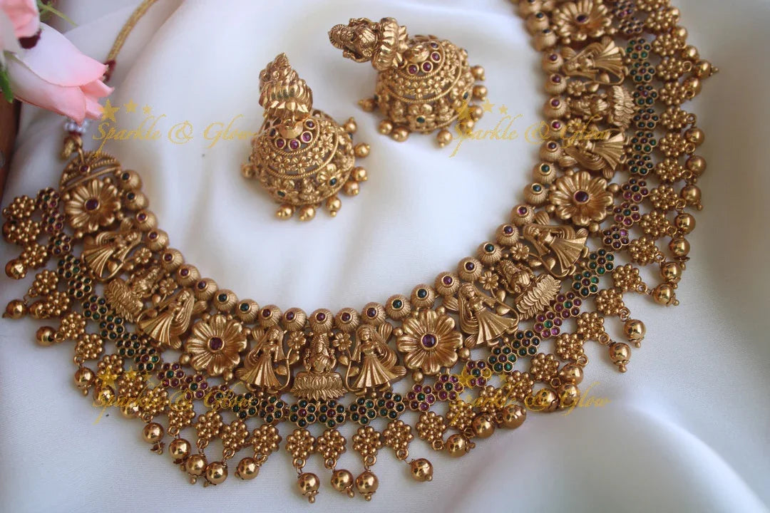 Premium matte statement Lakshmi intricate short necklace - Sparkle and Glow
