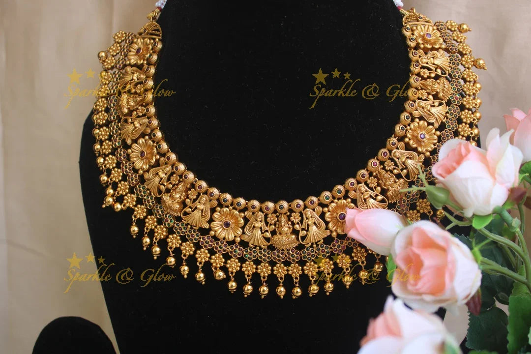 Premium matte statement Lakshmi intricate short necklace - Sparkle and Glow