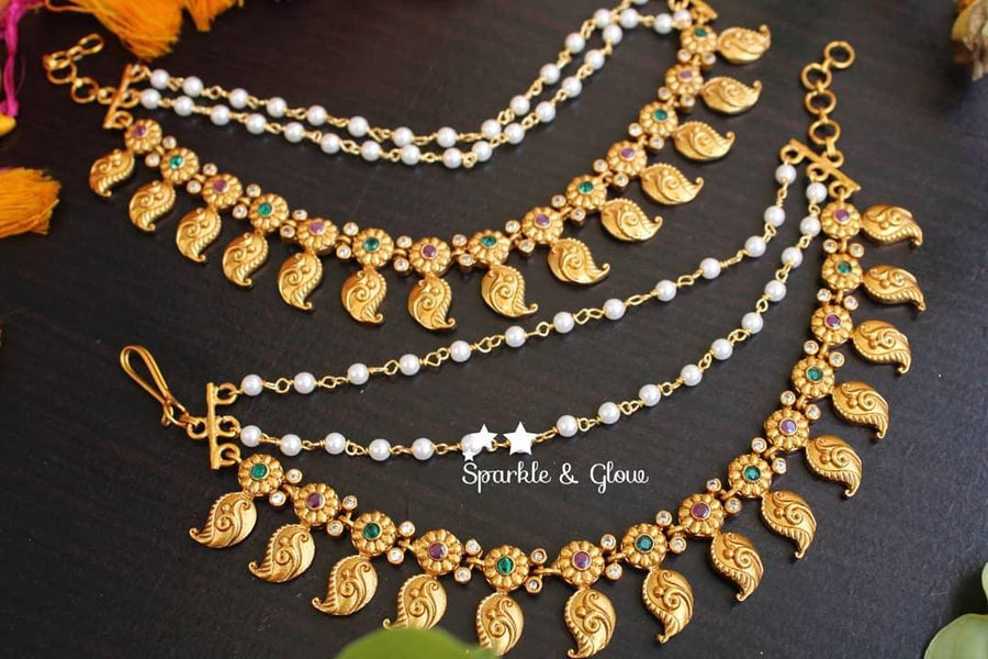 Mango and flower designed ear chain with stones - Sparkle and Glow