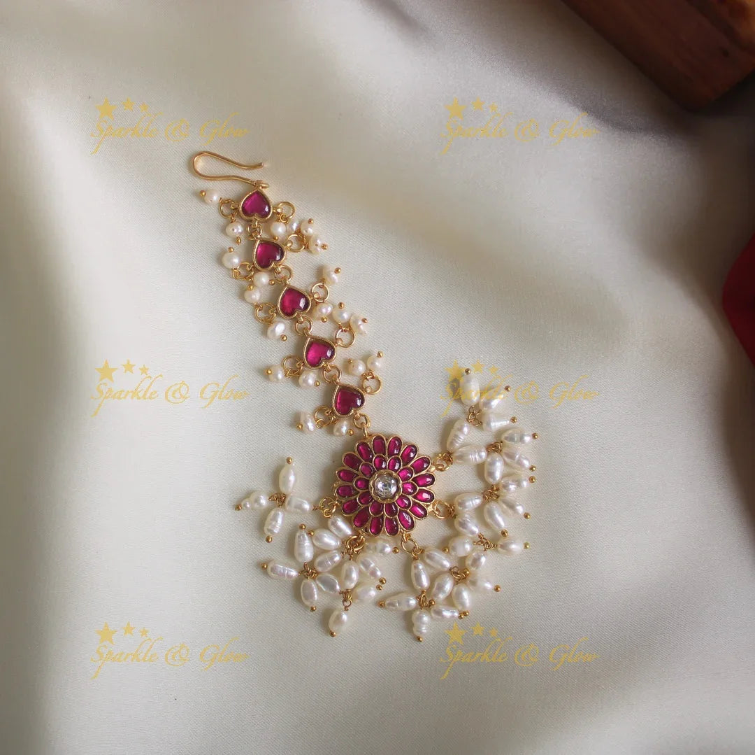 Jadau kundan single line floral maangthika with rice pearls - Sparkle and Glow