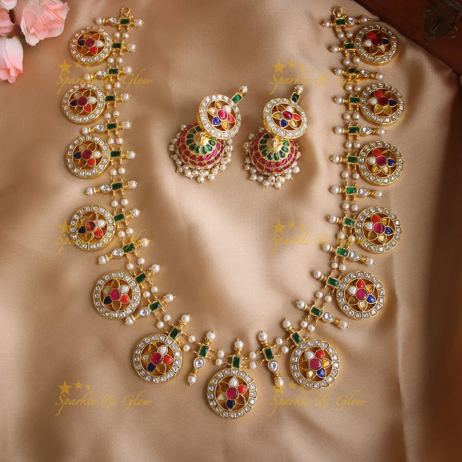 Jadau kundan navarathna kasu / coin mid length haram - Sparkle and Glow