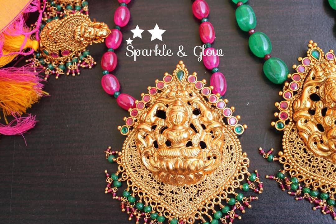 Green semi precious beads lakshmi pendent chain set - Sparkle and Glow