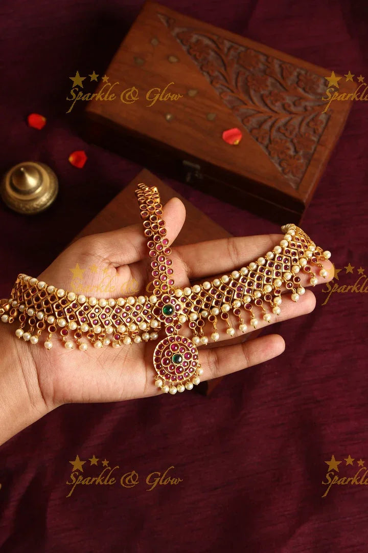 Bridal three sided kemp maang tikka with pearl drops - Sparkle and Glow