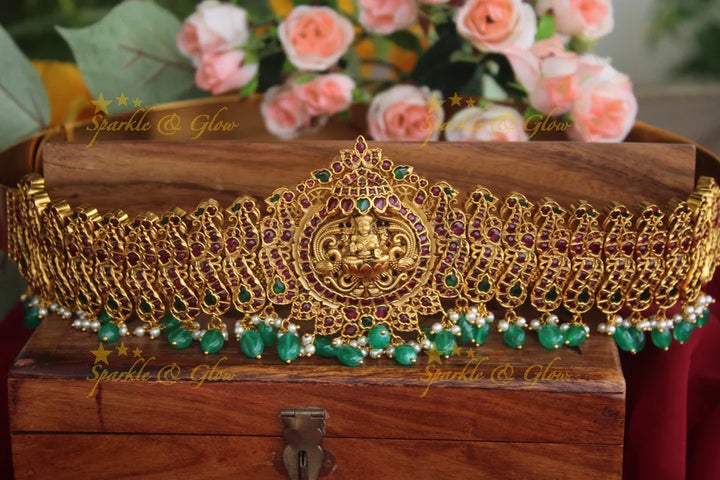 Gold alike real kemp stones Lakshmi hipbelt with green beads - Sparkle and Glow