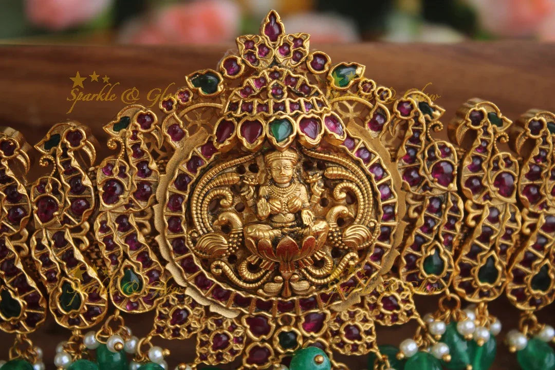 Gold alike real kemp stones Lakshmi hipbelt with green beads - Sparkle and Glow
