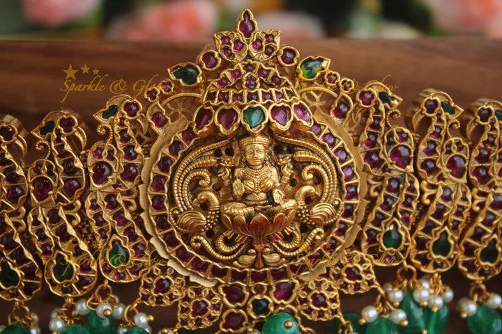 Gold alike real kemp stones Lakshmi hipbelt with green beads - Sparkle and Glow