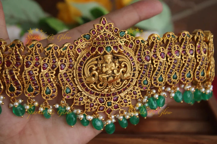 Gold alike real kemp stones Lakshmi hipbelt with green beads - Sparkle and Glow
