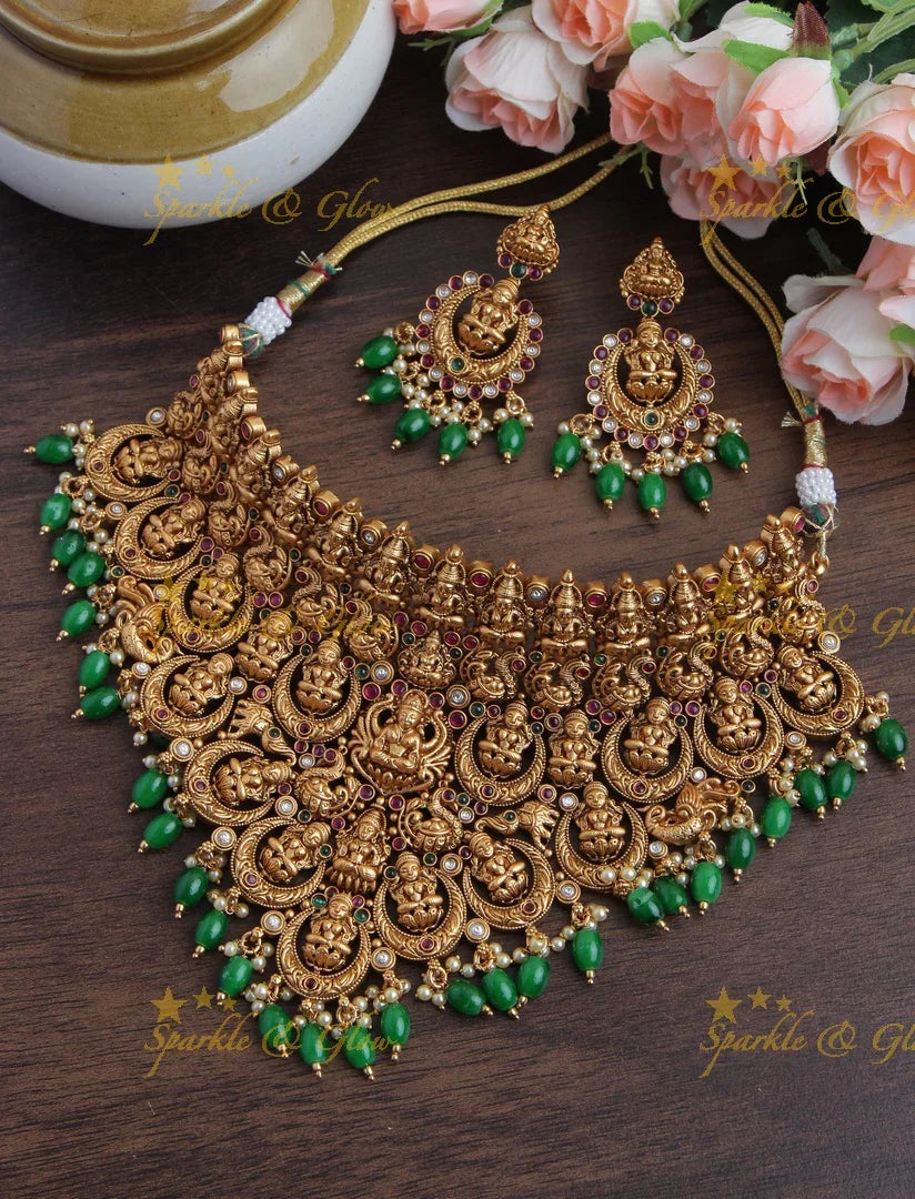 Gold alike Antique Exlusive Lakshmi high neck choker - Gold Beads - Sparkle and Glow