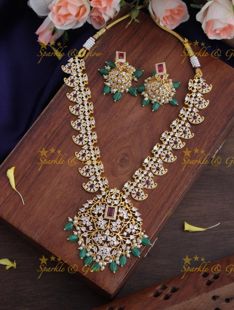 Gold plated Statement AD Mango necklace with Green Beads - Sparkle and Glow