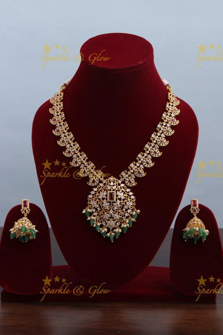 Gold plated Statement AD Mango necklace with Green Beads - Sparkle and Glow