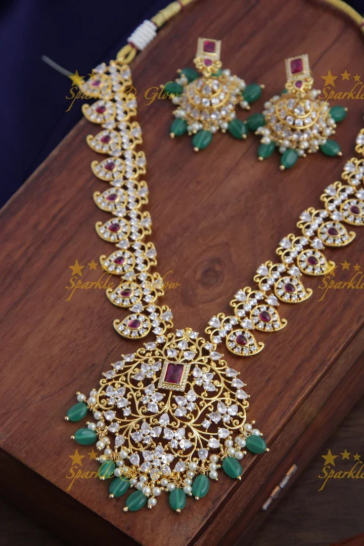 Gold plated Statement AD Mango necklace with Green Beads - Sparkle and Glow