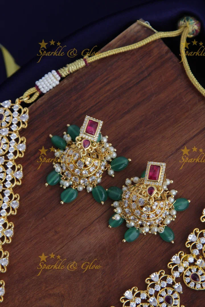 Gold plated Statement AD Mango necklace with Green Beads - Sparkle and Glow