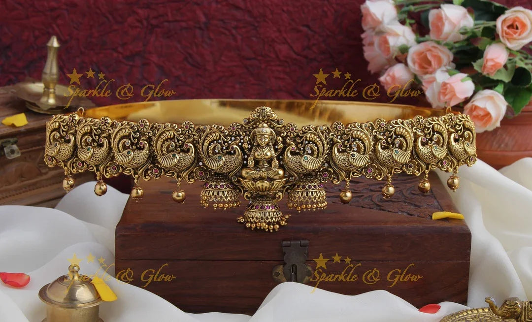 Gold alike antique Lakshmi Peacock carved kemp stones hipbelt - Sparkle and Glow