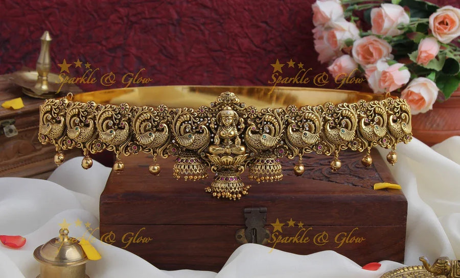 Gold alike antique Lakshmi Peacock carved kemp stones hipbelt - Sparkle and Glow
