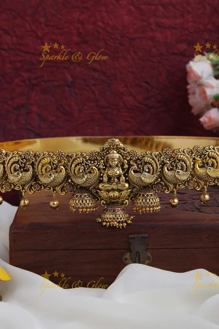 Gold alike antique Lakshmi Peacock carved kemp stones hipbelt - Sparkle and Glow