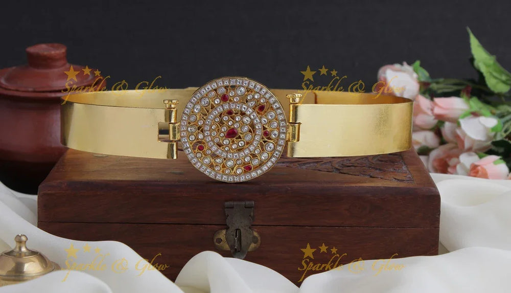 Plain Hipbelt with center Peacock design made with jadau stones - ADULT HIPBELT - Pink - Sparkle and Glow