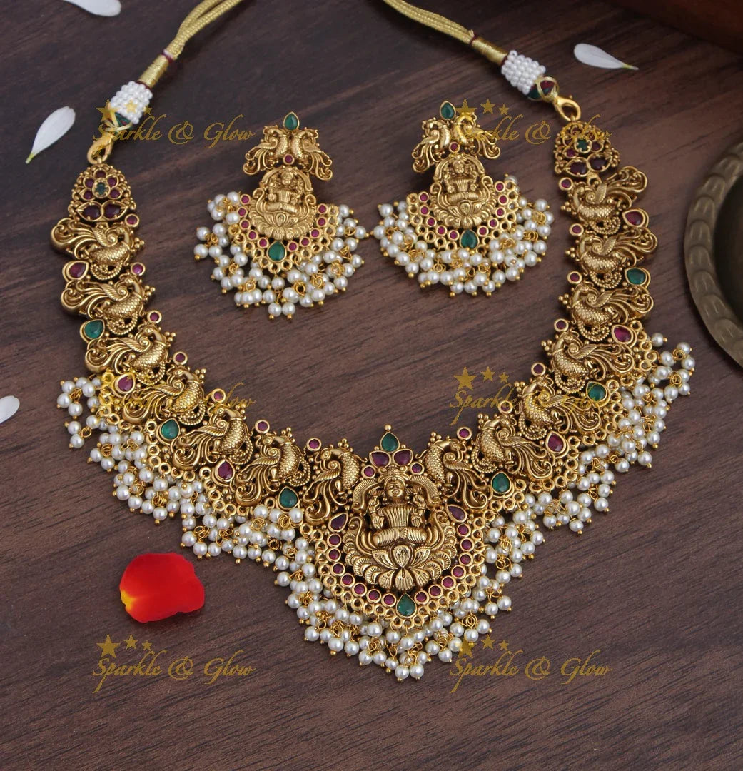 Gold alike antique Lakshmi Peacock carved gutta pusalu necklace - Sparkle and Glow