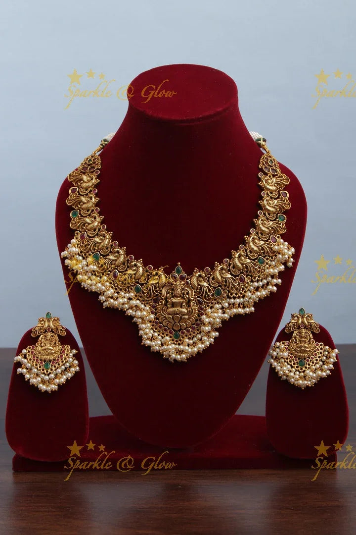 Gold alike antique Lakshmi Peacock carved gutta pusalu necklace - Sparkle and Glow