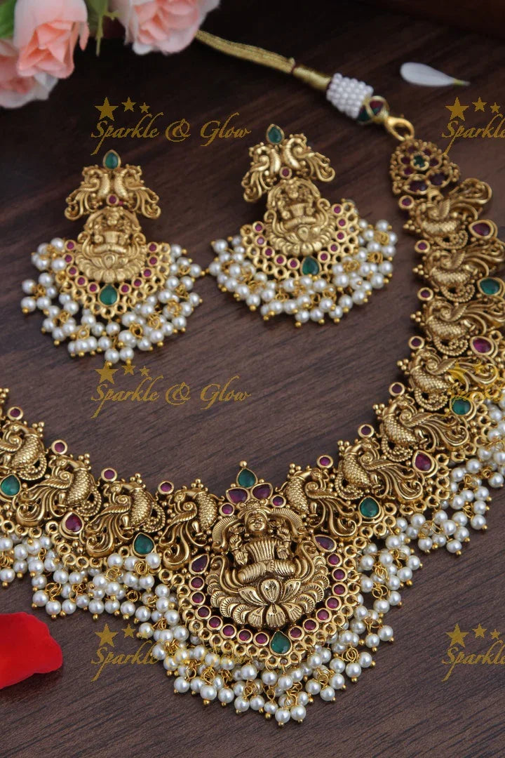 Gold alike antique Lakshmi Peacock carved gutta pusalu necklace - Sparkle and Glow