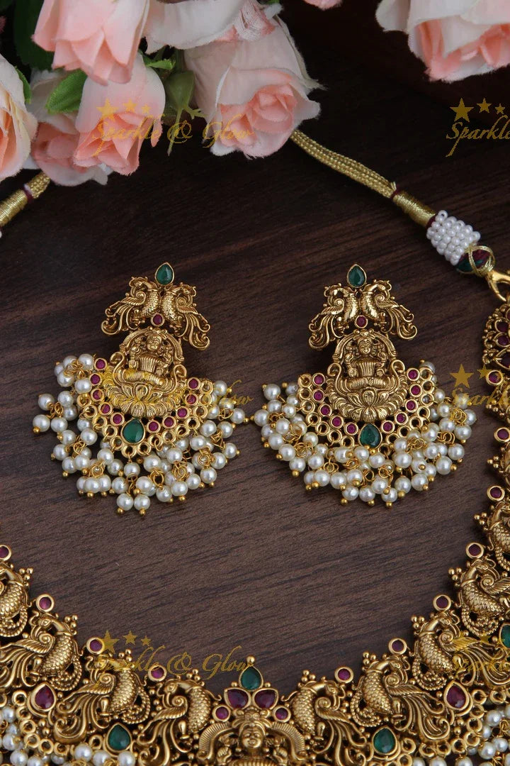 Gold alike antique Lakshmi Peacock carved gutta pusalu necklace - Sparkle and Glow