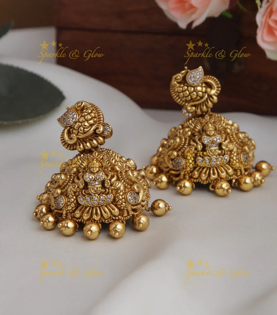 Antique Peacock studded Lakshmi intricate jhumukas - Sparkle and Glow