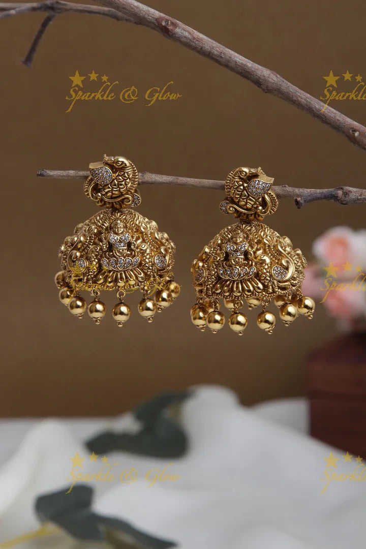 Antique Peacock studded Lakshmi intricate jhumukas - Sparkle and Glow