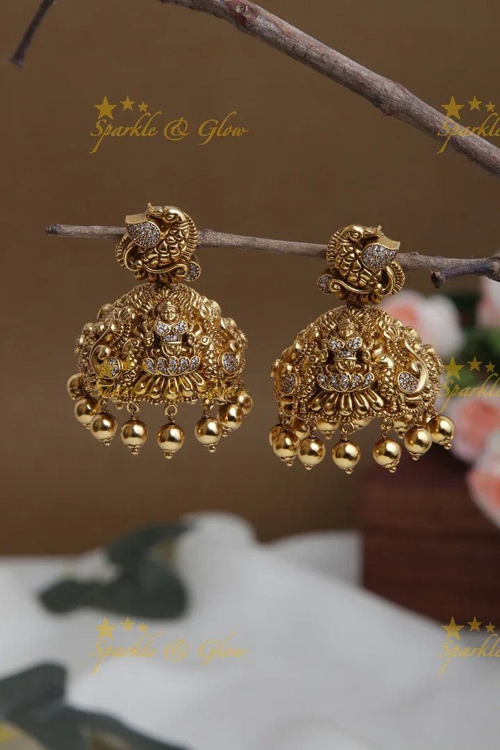 Antique Peacock studded Lakshmi intricate jhumukas - Sparkle and Glow