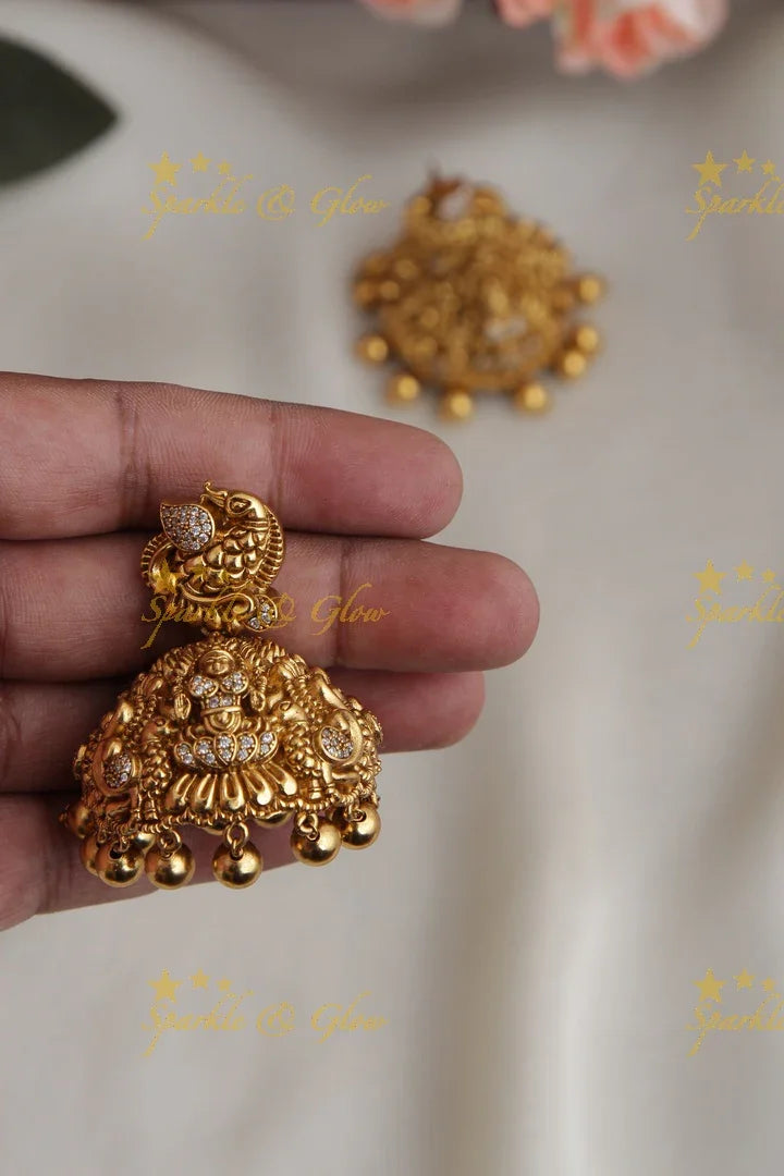 Antique Peacock studded Lakshmi intricate jhumukas - Sparkle and Glow