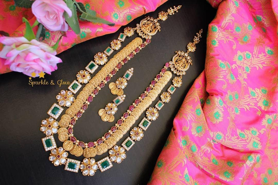 Two layer coin and flower deisgn lakshmi haram - Sparkle and Glow