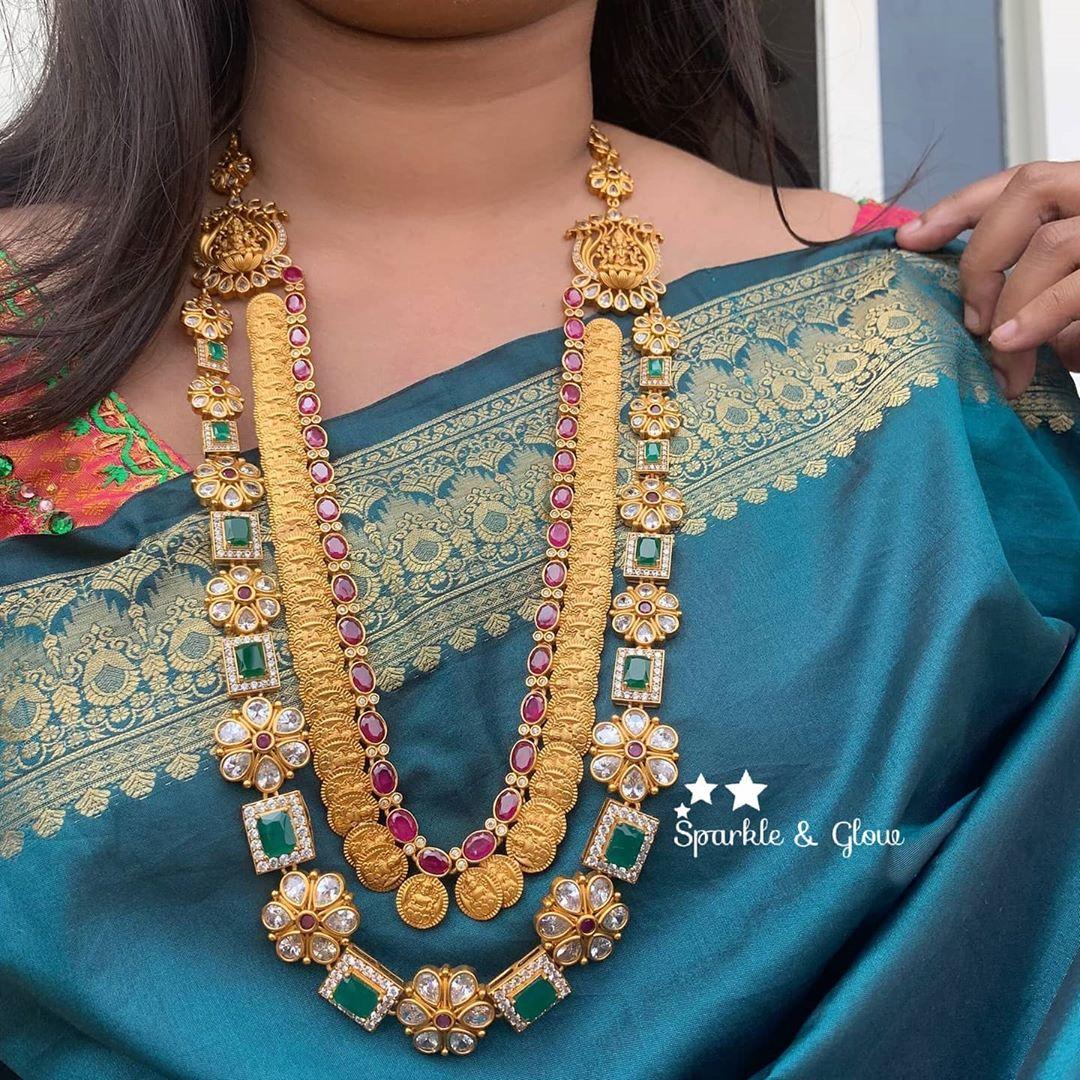 Two layer coin and flower deisgn lakshmi haram - Sparkle and Glow