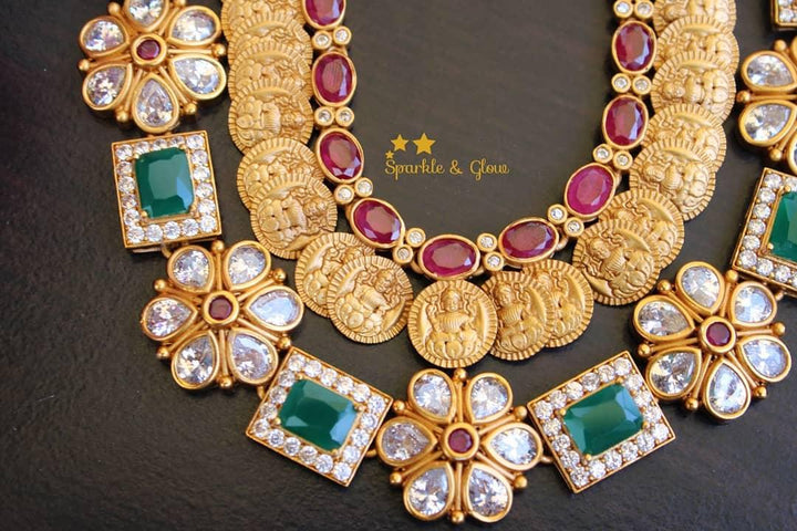 Two layer coin and flower deisgn lakshmi haram - Sparkle and Glow