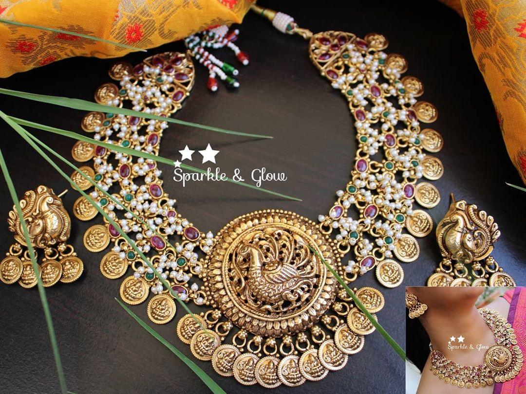 Gold alike antique three layer coin necklace with peaock carved pendent - Sparkle and Glow