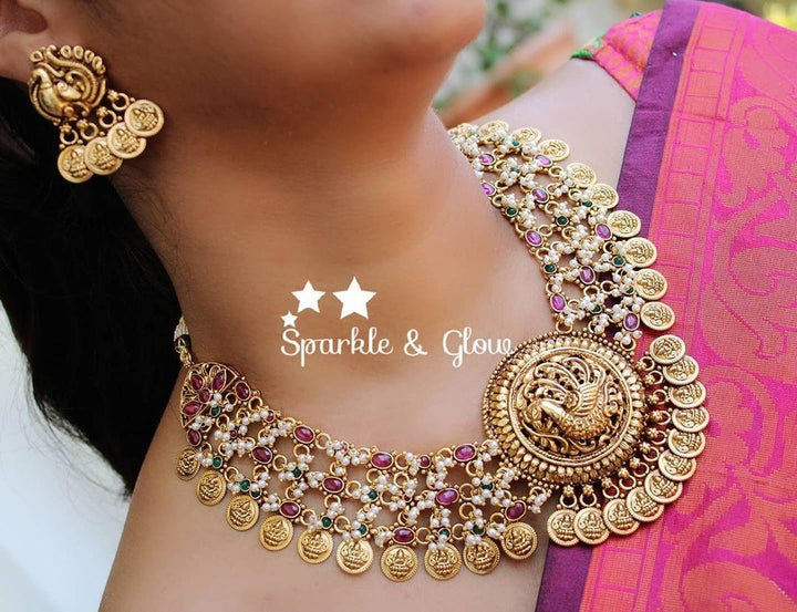 Gold alike antique three layer coin necklace with peaock carved pendent - Sparkle and Glow