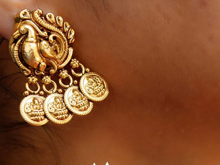 Gold alike antique three layer coin necklace with peaock carved pendent - Sparkle and Glow