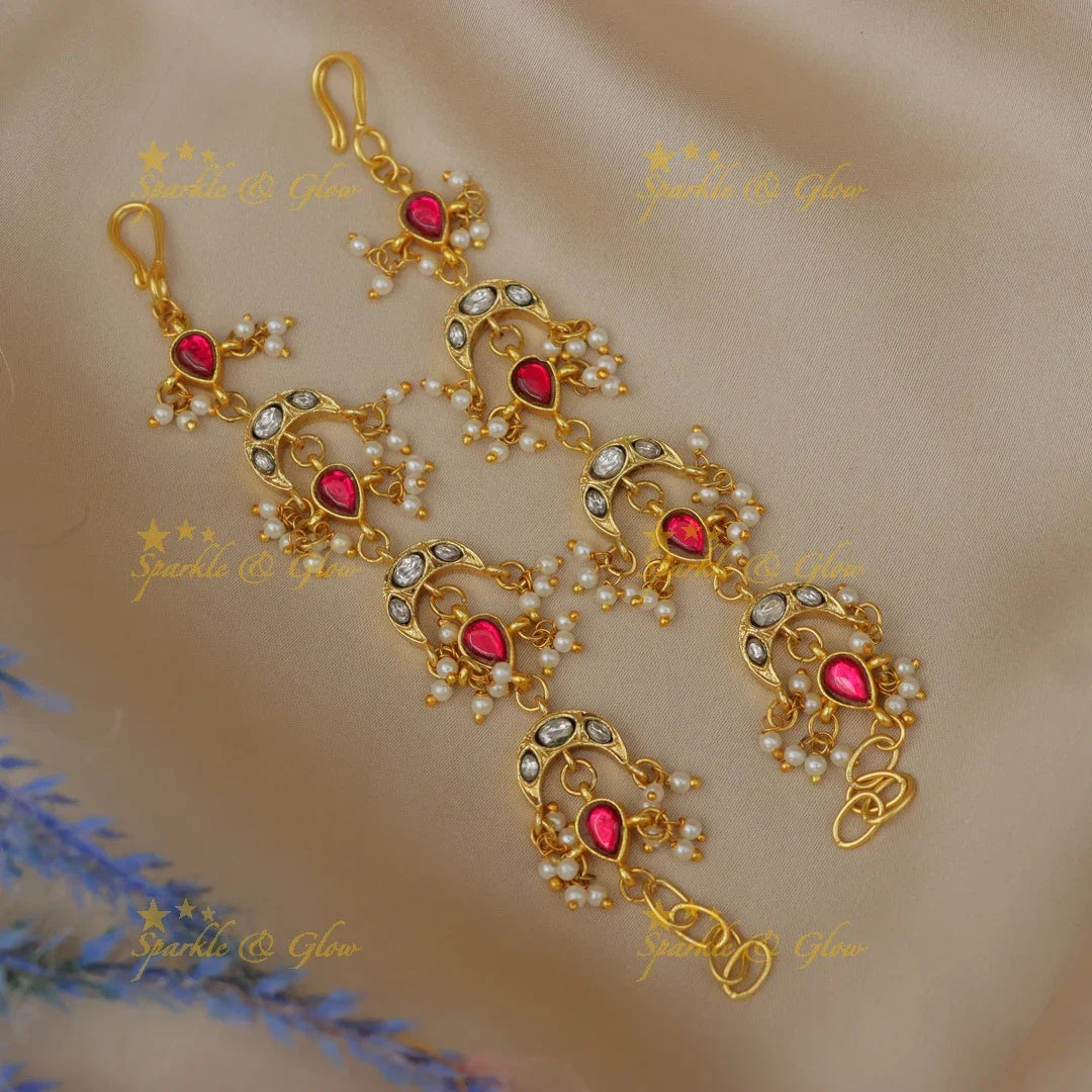 Stunning Jadau Kundan Half Moon Waterdrop Ear Chain