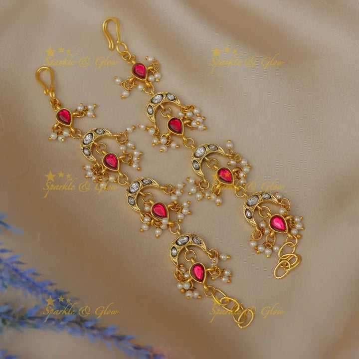 Stunning Jadau Kundan Half Moon Waterdrop Ear Chain