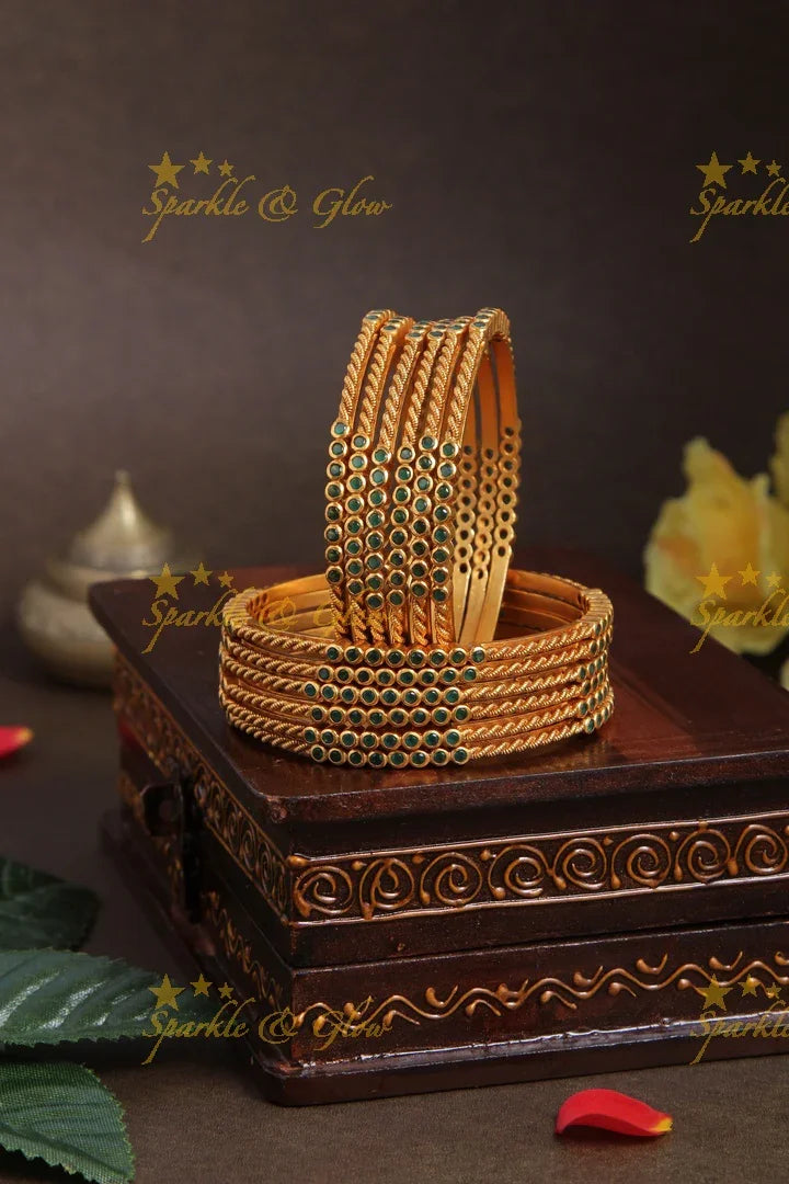 Antique gold wire design green stone bangle - set of 12 - Sparkle and Glow