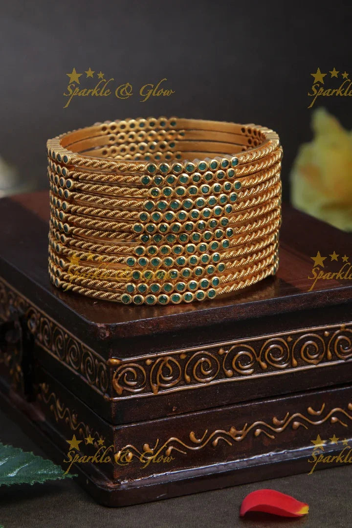 Antique gold wire design green stone bangle - set of 12 - Sparkle and Glow