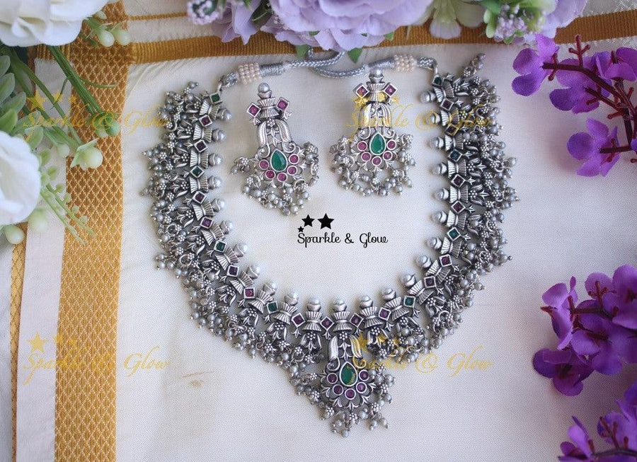 CZ stones Gutta pusala short neckset - Silver - Multi - Sparkle and Glow