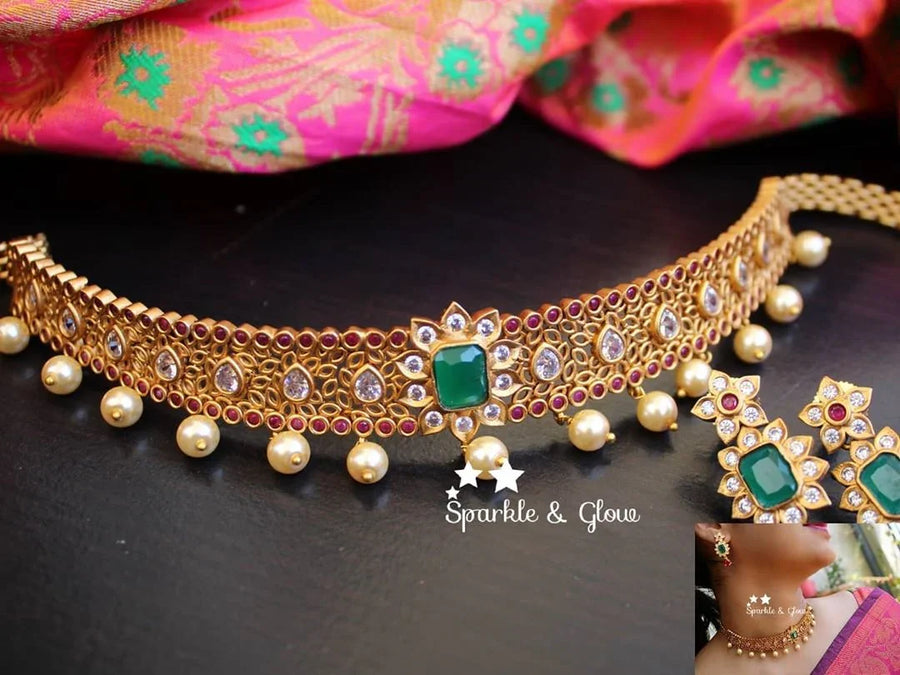 Matte gold cz stone elegant high neck choker - Sparkle and Glow