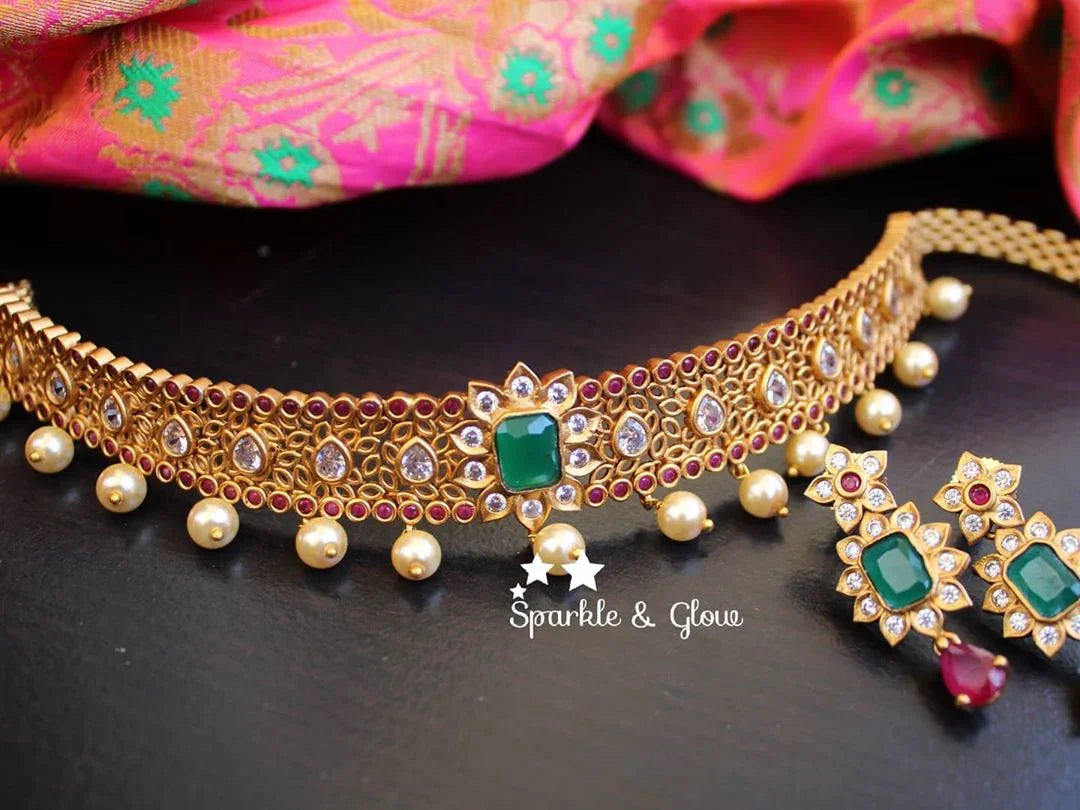 Matte gold cz stone elegant high neck choker - Sparkle and Glow