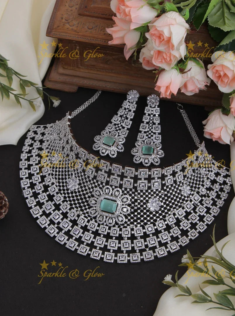 Grand Silver polish Bridal AD choker - Sparkle and Glow