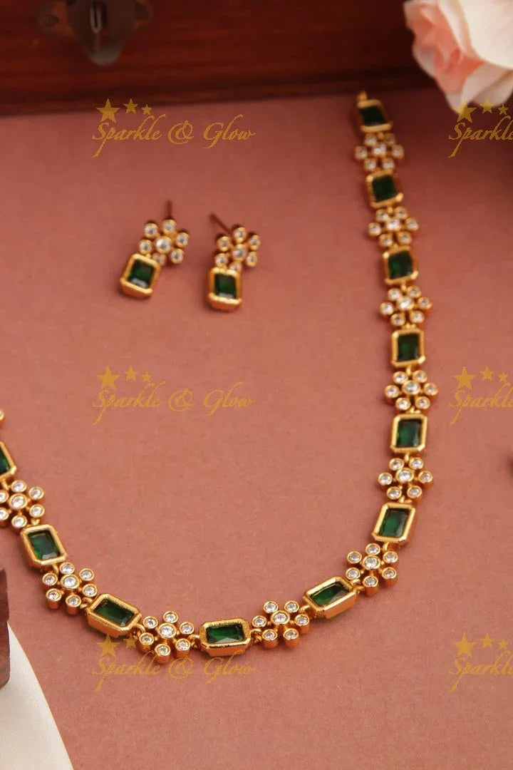 Budgetted Premium Matt Floral Stone short Necklace - Green - Sparkle and Glow