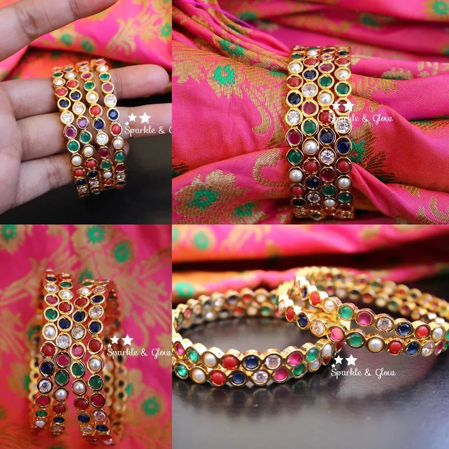 Navathana Stone gold bangles set of 4 -2.4 - Sparkle and Glow