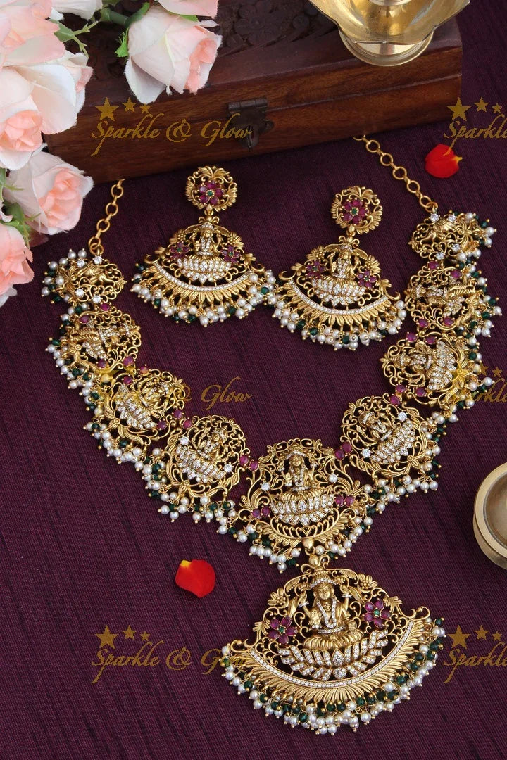 Gold Alike Elegant Lakshmi Gutta pusalu Short Necklace with Green and Pearl beads - Sparkle and Glow