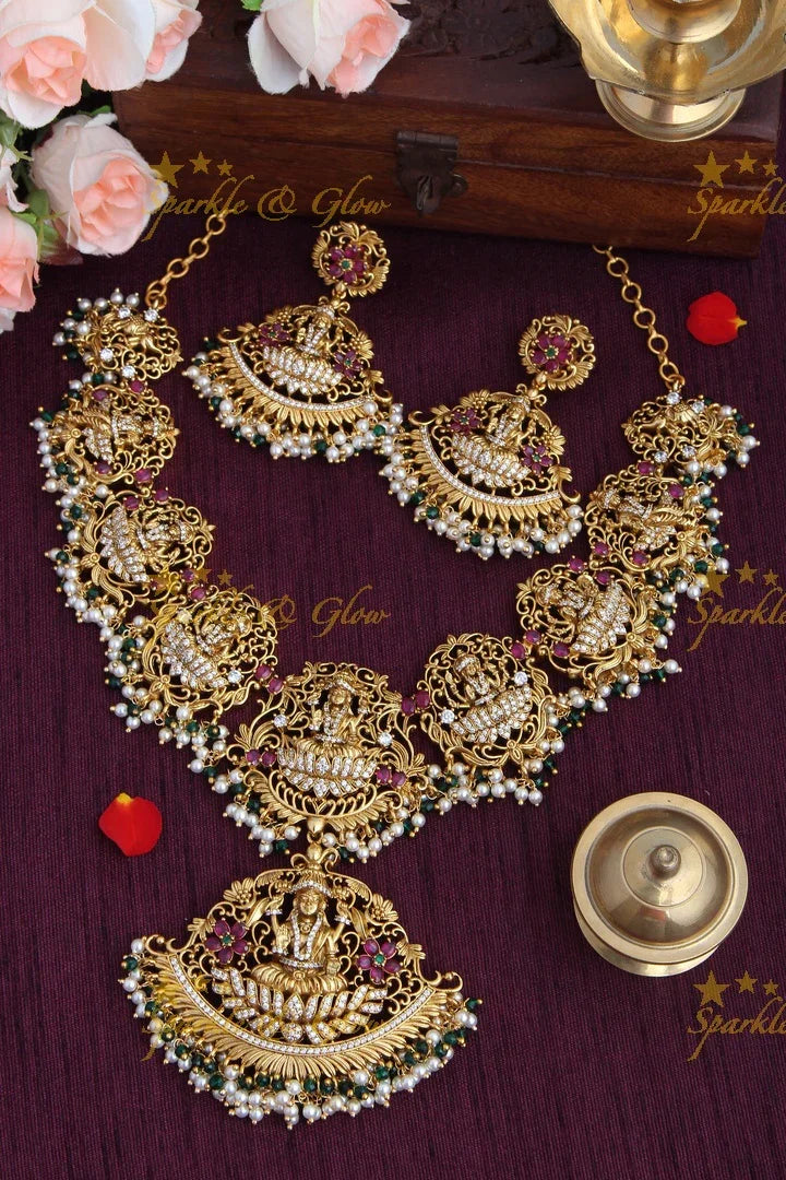 Gold Alike Elegant Lakshmi Gutta pusalu Short Necklace with Green and Pearl beads - Sparkle and Glow