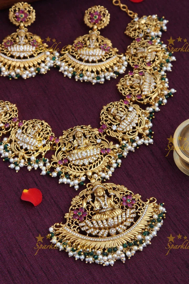 Gold Alike Elegant Lakshmi Gutta pusalu Short Necklace with Green and Pearl beads - Sparkle and Glow