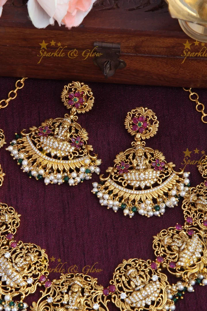 Gold Alike Elegant Lakshmi Gutta pusalu Short Necklace with Green and Pearl beads - Sparkle and Glow